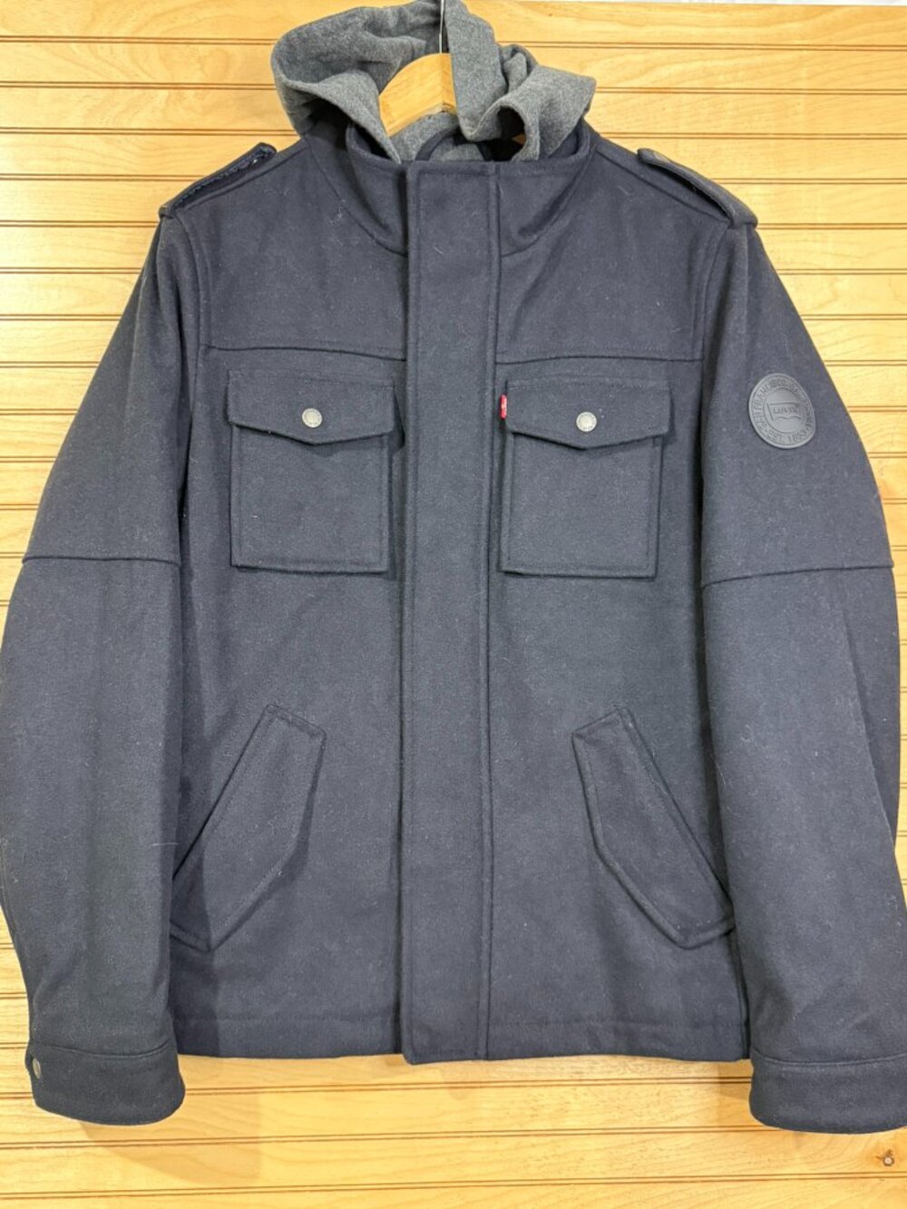 Levi's Men's Wool Blend Navy Blue Military Field Jacket Hooded Utility Coat- S
